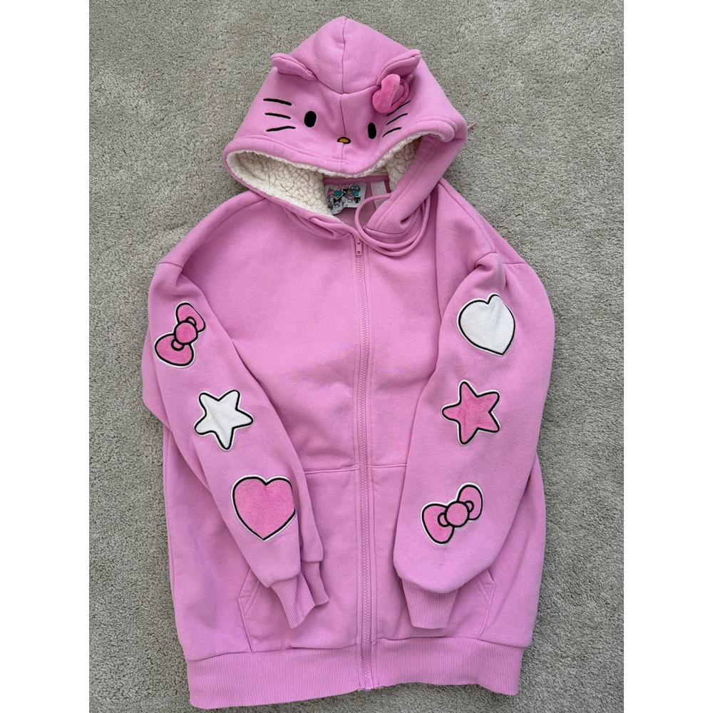 Forever 21 Sanrio Hello Kitty Pink Zip Up Hoodie Faux Shearling Hood Small RARE!